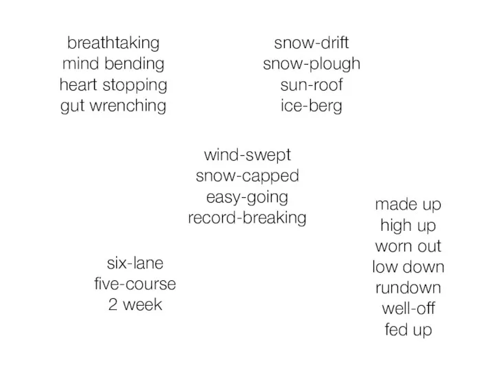 wind-swept snow-capped easy-going record-breaking snow-drift snow-plough sun-roof ice-berg six-lane five-course