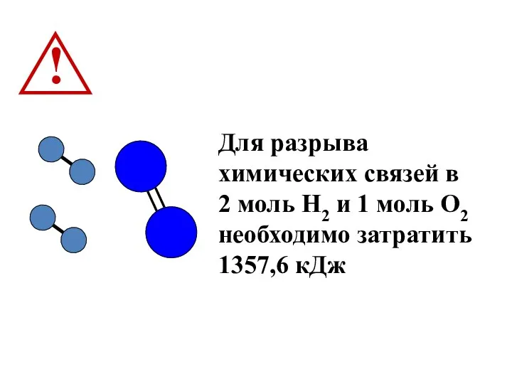 Для разрыва химических связей в 2 моль Н2 и 1 моль О2 необходимо затратить 1357,6 кДж