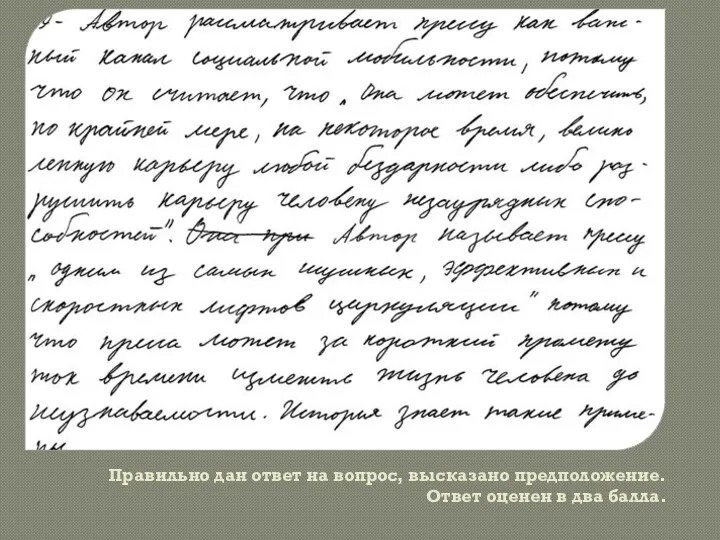 Правильно дан ответ на вопрос, высказано предположение. Ответ оценен в два балла.