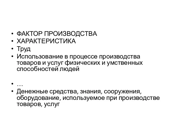 ФАКТОР ПРОИЗВОДСТВА ХАРАКТЕРИСТИКА Труд Использование в процессе производства товаров и