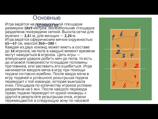 Игра ведётся на прямоугольной площадке размером 18х9 метров. Волейбольная площадка