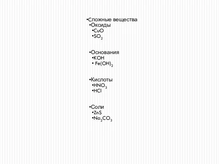 Cложные вещества Оксиды CuO SO2 Основания KOH Fe(OH)2 Кислоты HNO3 HCl Соли ZnS Na2CO3