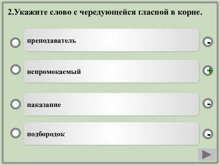 2.Укажите слово с чередующейся гласной в корне. непромокаемый наказание подбородок преподаватель - - + -