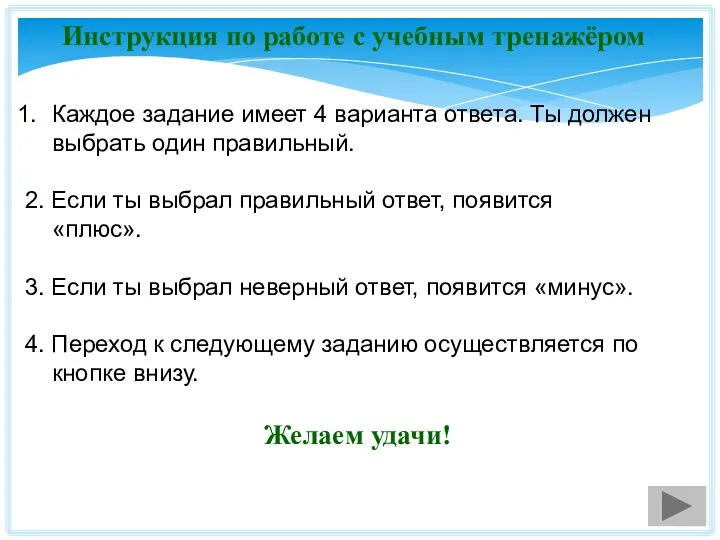 Инструкция по работе с учебным тренажёром Каждое задание имеет 4