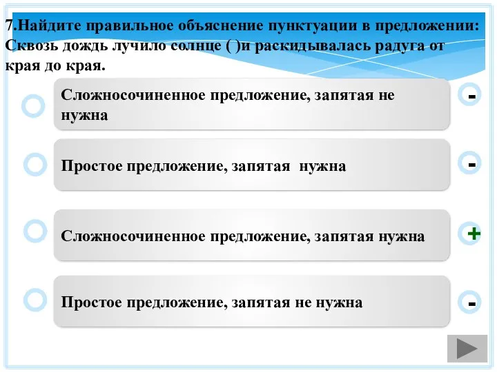 7.Найдите правильное объяснение пунктуации в предложении: Сквозь дождь лучило солнце