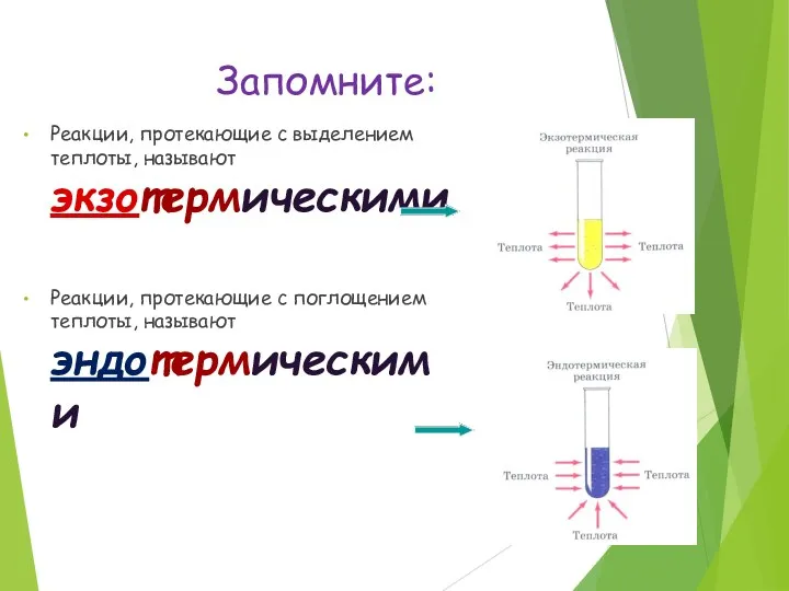 Запомните: Реакции, протекающие с выделением теплоты, называют экзотермическими Реакции, протекающие с поглощением теплоты, называют эндотермическими