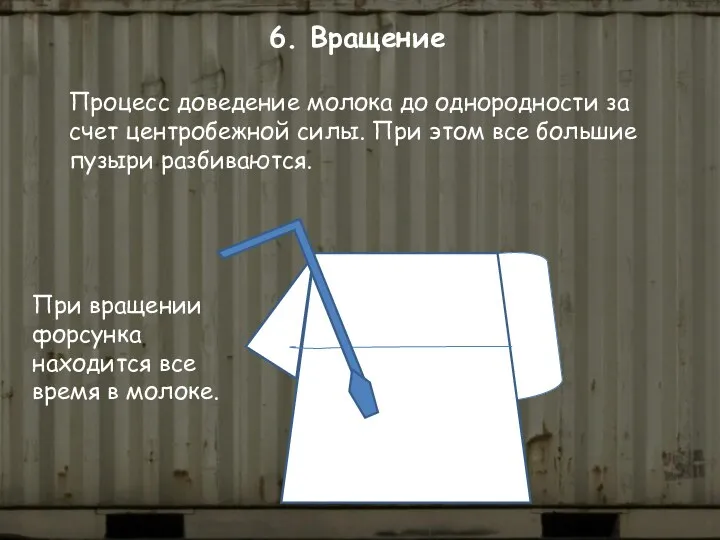 6. Вращение Процесс доведение молока до однородности за счет центробежной силы. При этом