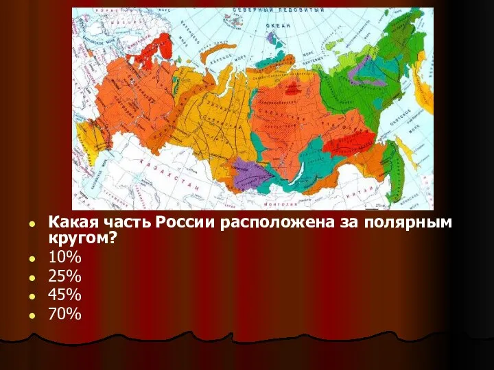 Какая часть России расположена за полярным кругом? 10% 25% 45% 70%