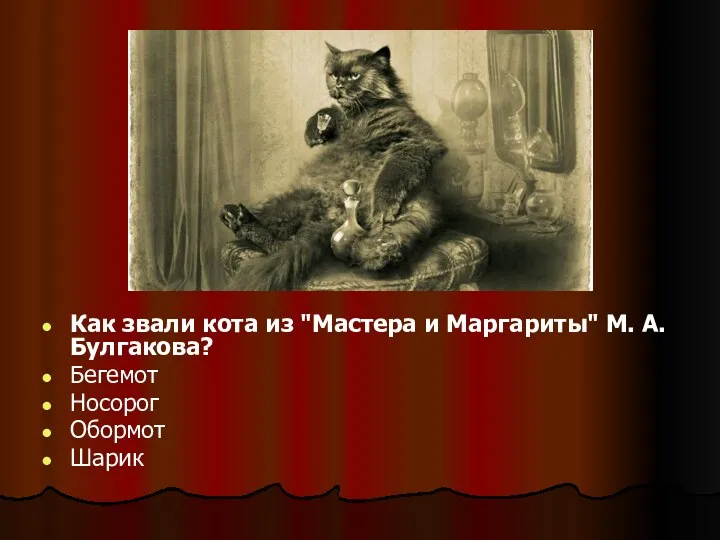 Как звали кота из "Мастера и Маргариты" М. А. Булгакова? Бегемот Носорог Обормот Шарик
