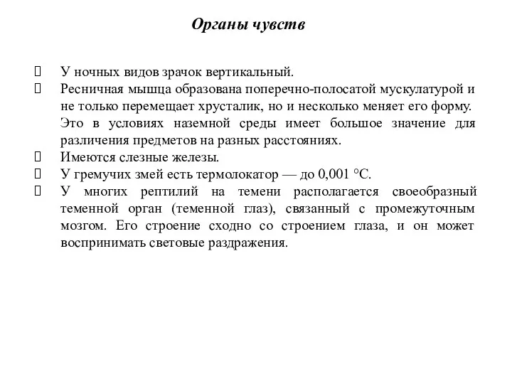 У ночных видов зрачок вертикальный. Ресничная мышца образована поперечно-полосатой мускулатурой и не только