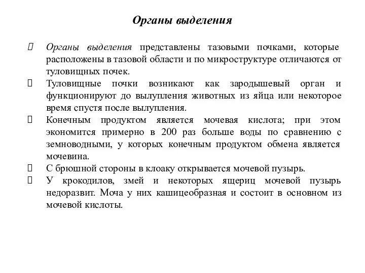 Органы выделения представлены тазовыми почками, которые расположены в тазовой области и по микроструктуре