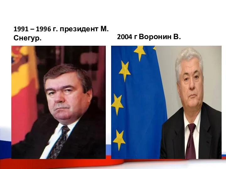 1991 – 1996 г. президент М.Снегур. 2004 г Воронин В.