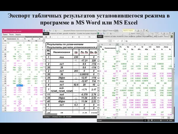 Экспорт табличных результатов установившегося режима в программе в MS Word или MS Excel