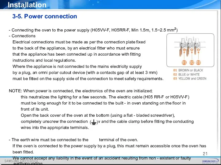 - Connecting the oven to the power supply (H05VV-F, H05RR-F,