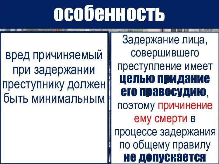 особенность вред причиняемый при задержании преступнику должен быть минимальным Задержание