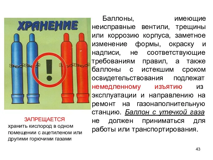 Баллоны, имеющие неисправные вентили, трещины или коррозию корпуса, заметное изменение формы, окраску и