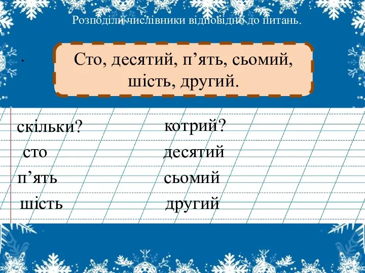 Розподіли числівники відповідно до питань. сьомий шість сто скільки? котрий?