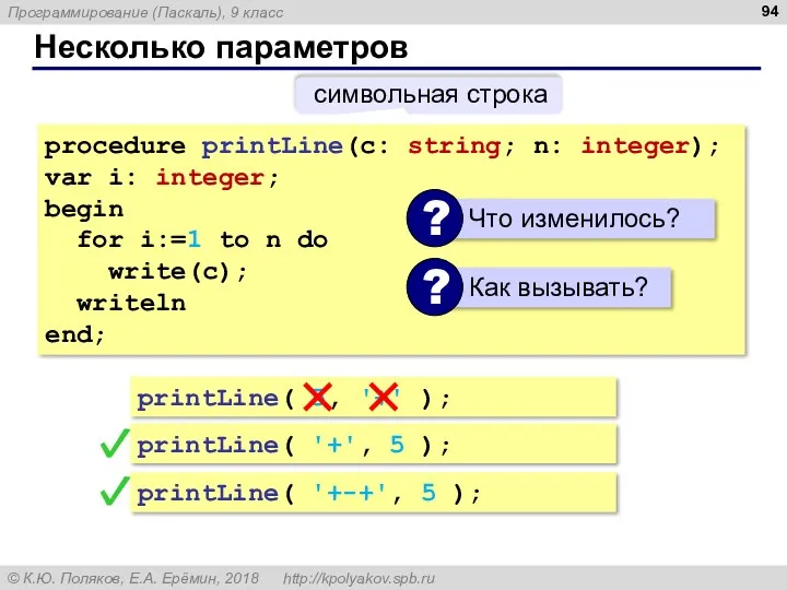 Несколько параметров procedure printLine(c: string; n: integer); var i: integer; begin for i:=1