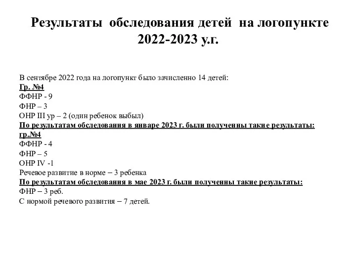 Результаты обследования детей на логопункте 2022-2023 у.г. В сентябре 2022