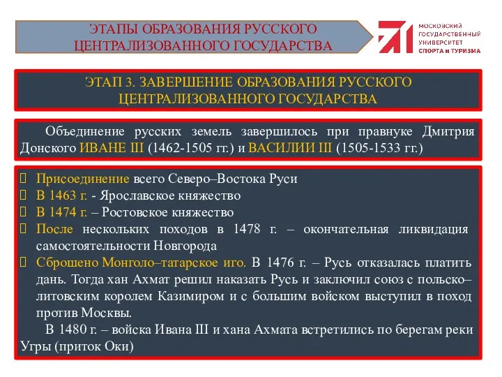 ЭТАП 3. ЗАВЕРШЕНИЕ ОБРАЗОВАНИЯ РУССКОГО ЦЕНТРАЛИЗОВАННОГО ГОСУДАРСТВА Объединение русских земель