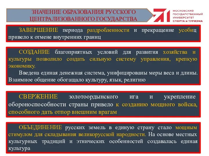 ЗАВЕРШЕНИЕ периода раздробленности и прекращение усобиц привело к отмене внутренних