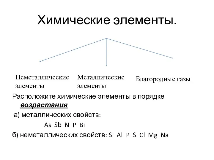 Химические элементы. Расположите химические элементы в порядке возрастания а) металлических