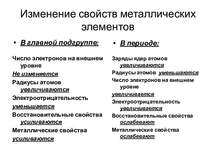 Изменение свойств металлических элементов В главной подгруппе: Число электронов на