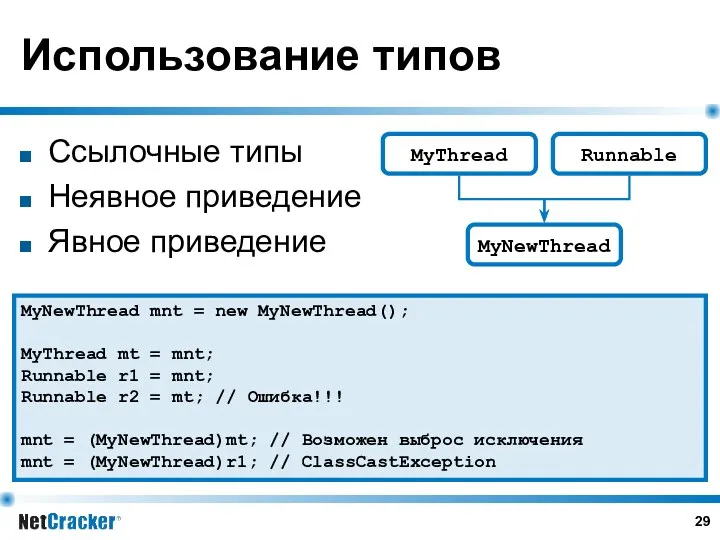 Использование типов Ссылочные типы Неявное приведение Явное приведение MyNewThread mnt