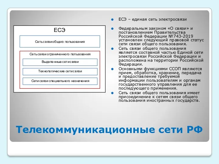 Телекоммуникационные сети РФ ЕСЭ – единая сеть электросвязи Федеральным законом