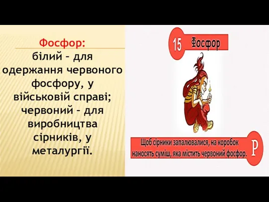 Фосфор: білий – для одержання червоного фосфору, у військовій справі;