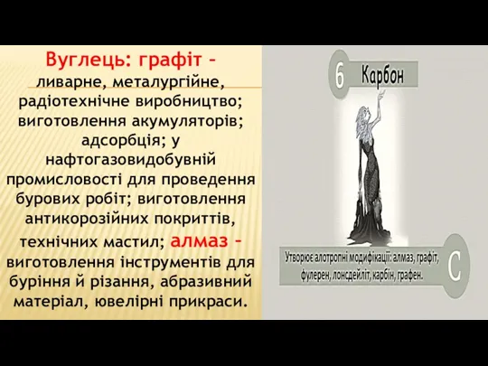 Вуглець: графіт – ливарне, металургійне, радіотехнічне виробництво; виготовлення акумуляторів; адсорбція;