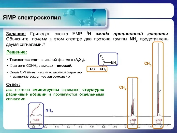 ЯМР спектроскопия Задание: Приведен спектр ЯМР 1Н амида пропионовой кислоты.