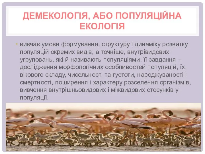 ДЕМЕКОЛОГІЯ, АБО ПОПУЛЯЦІЙНА ЕКОЛОГІЯ вивчає умови формування, структуру і динаміку розвитку популяцій окремих