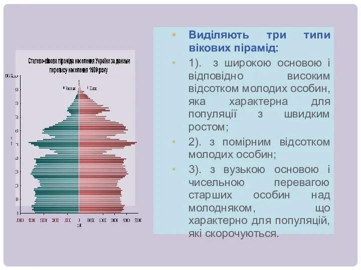 Виділяють три типи вікових пірамід: 1). з широкою основою і