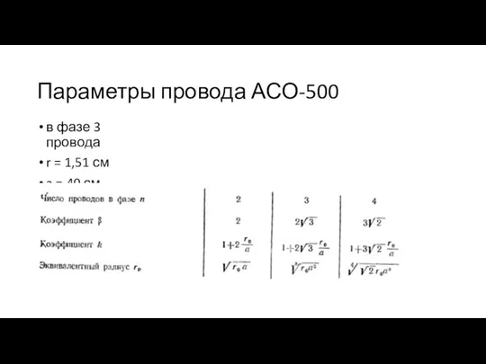 Параметры провода АСО-500 в фазе 3 провода r = 1,51 см a = 40 см