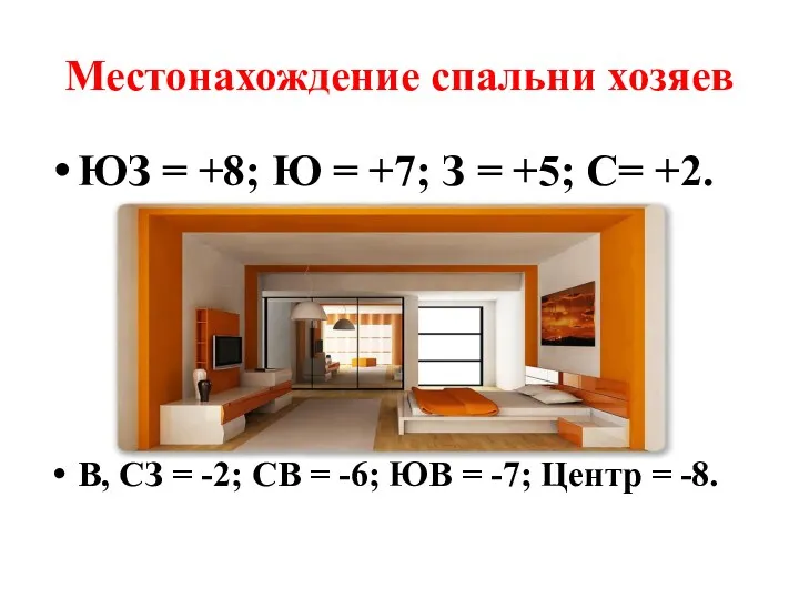 Местонахождение спальни хозяев ЮЗ = +8; Ю = +7; З = +5; С=