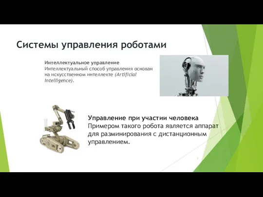 Системы управления роботами Интеллектуальное управление Интеллектуальный способ управления основан на