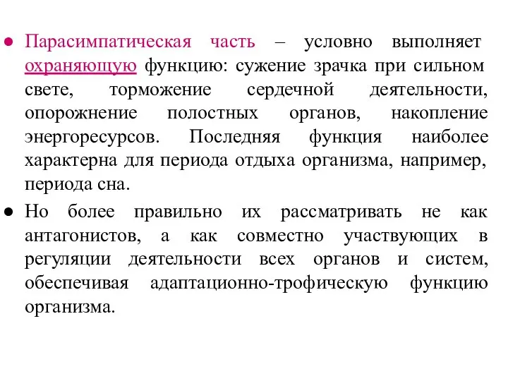 Парасимпатическая часть – условно выполняет охраняющую функцию: сужение зрачка при