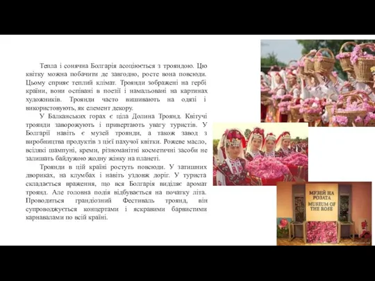 Тепла і сонячна Болгарія асоціюється з трояндою. Цю квітку можна