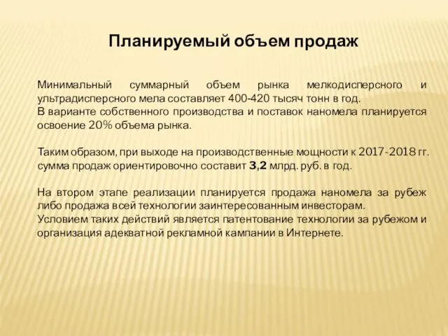 Планируемый объем продаж Минимальный суммарный объем рынка мелкодисперсного и ультрадисперсного