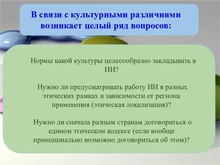 В связи с культурными различиями возникает целый ряд вопросов: Нормы