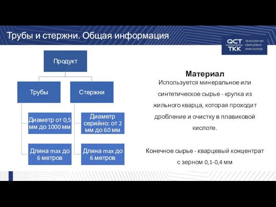 Трубы и стержни. Общая информация Материал Используется минеральное или синтетическое сырье - крупка