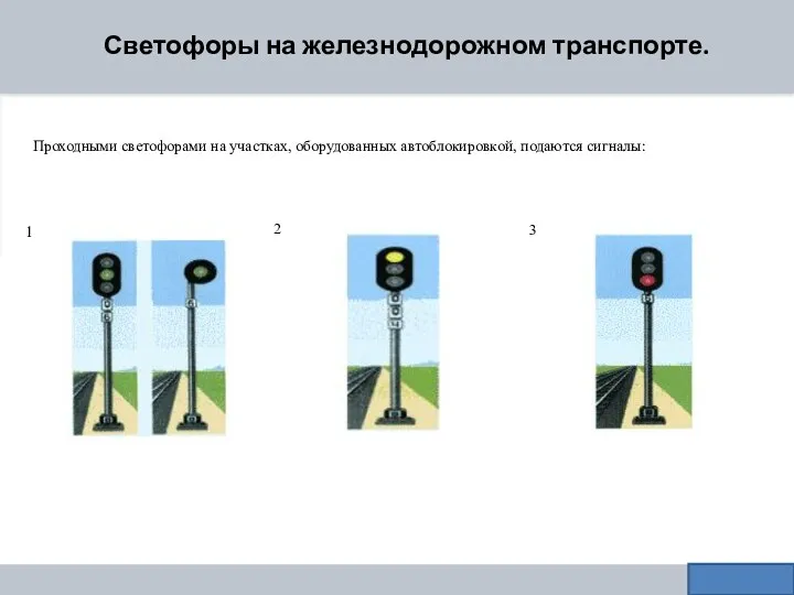 Светофоры на железнодорожном транспорте. 1 2 3 Проходными светофорами на участках, оборудованных автоблокировкой, подаются сигналы: