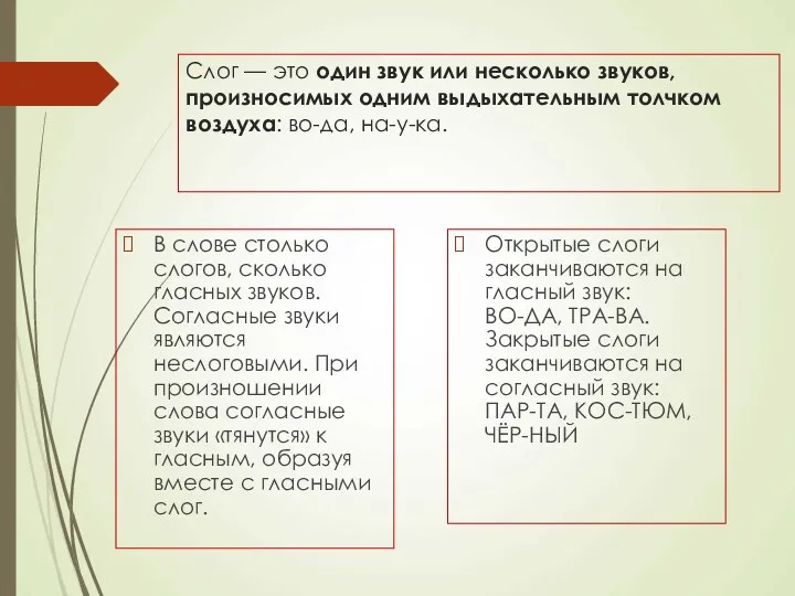 Слог — это один звук или несколько звуков, произносимых одним