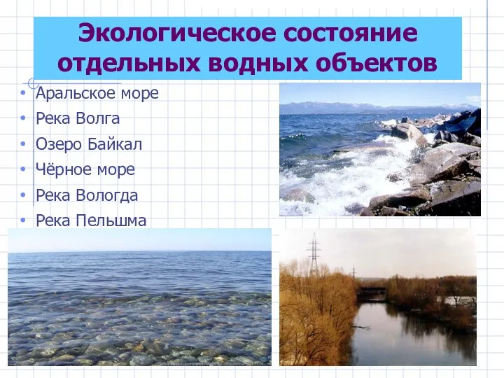 Экологическое состояние отдельных водных объектов Аральское море Река Волга Озеро