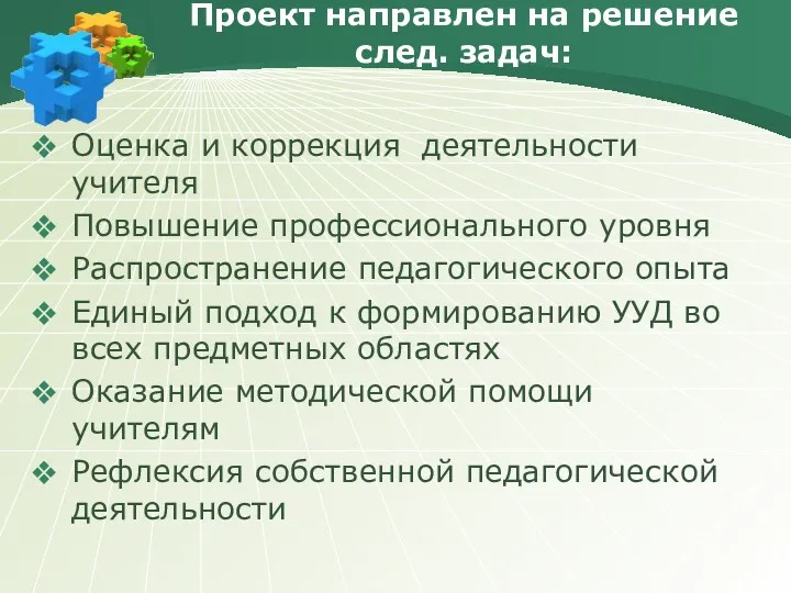 Проект направлен на решение след. задач: Оценка и коррекция деятельности учителя Повышение профессионального