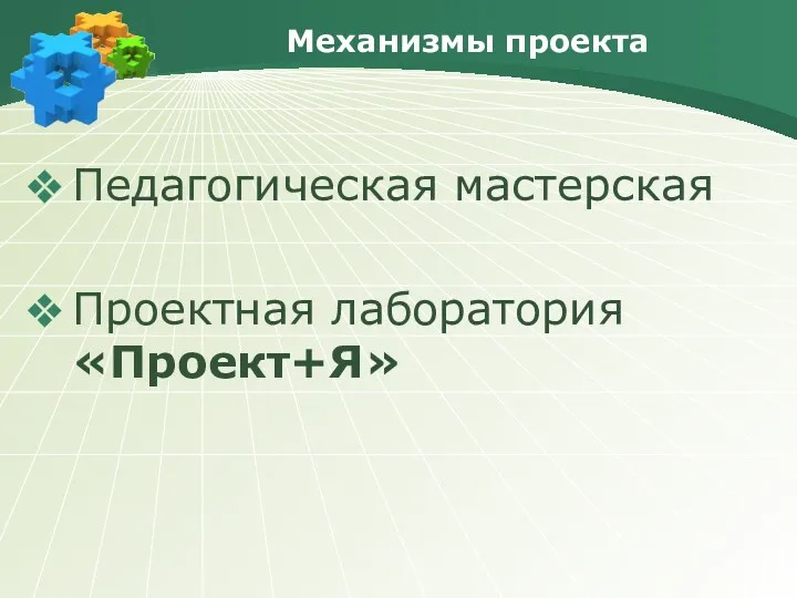 Механизмы проекта Педагогическая мастерская Проектная лаборатория «Проект+Я»