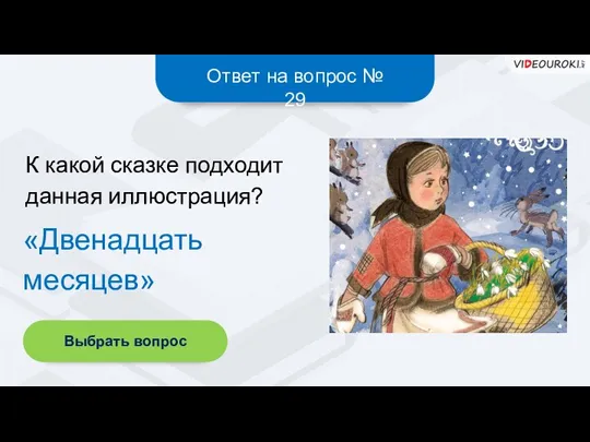 Ответ на вопрос № 29 «Двенадцать месяцев» К какой сказке подходит данная иллюстрация? Выбрать вопрос