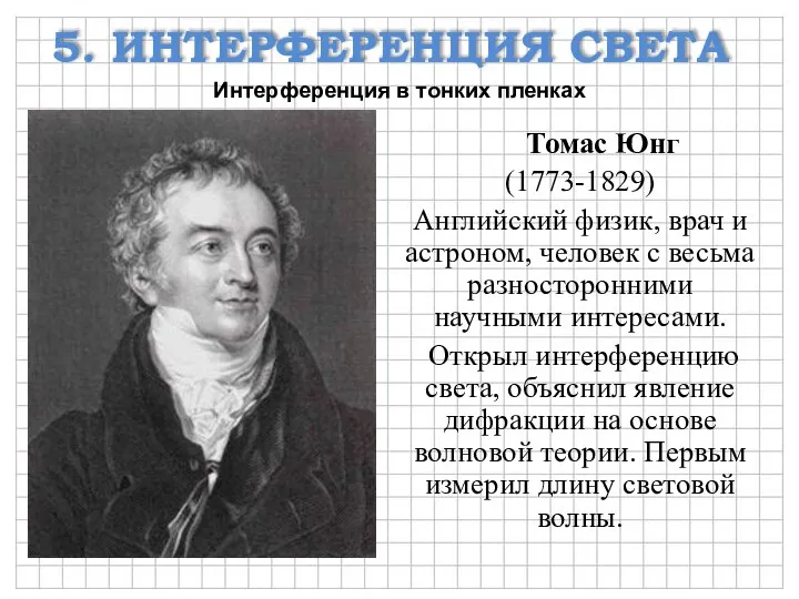 5. ИНТЕРФЕРЕНЦИЯ СВЕТА Интерференция в тонких пленках Томас Юнг (1773-1829)