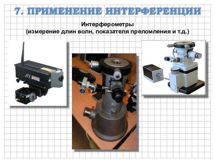 7. ПРИМЕНЕНИЕ ИНТЕРФЕРЕНЦИИ Интерферометры (измерение длин волн, показателя преломления и т.д.)